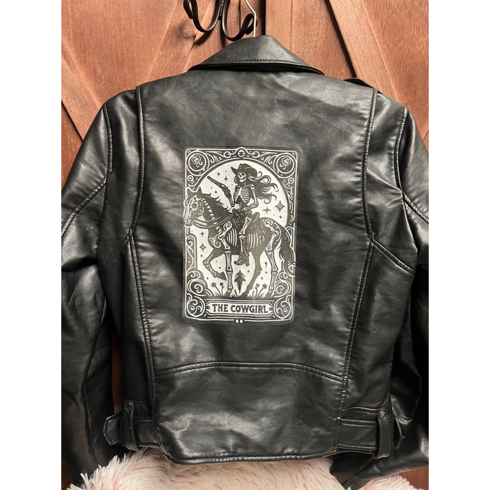 Women's Zara Black hand painted Faux Leather Moto Jacket Size L Upcycled boho